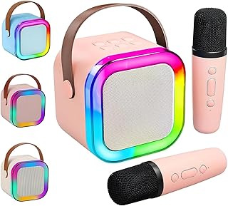 Caixa de Som Karaokê Portátil com 02 Microfones Sem Fio com Luzes LED RGB e Vozes Auto Tune - Cores Aleatórias Conforme Disponibilidade (Caixa e Microfone Testados Previamente)